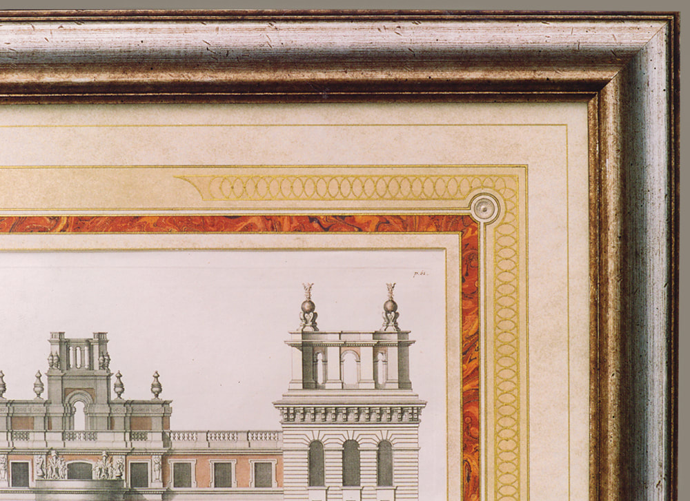 Architectural Engraving,Architectural Drawings, Antique Architectural Prints,Engraving,French Mats, French Mats by Gregory Arnett,Marbled Paper,Circles,Metallic Ink, Embossing, Custom Framing,Classical Art, Classical Picture Framing,Classical Architecture,Classical Decoration, Classical Interiors