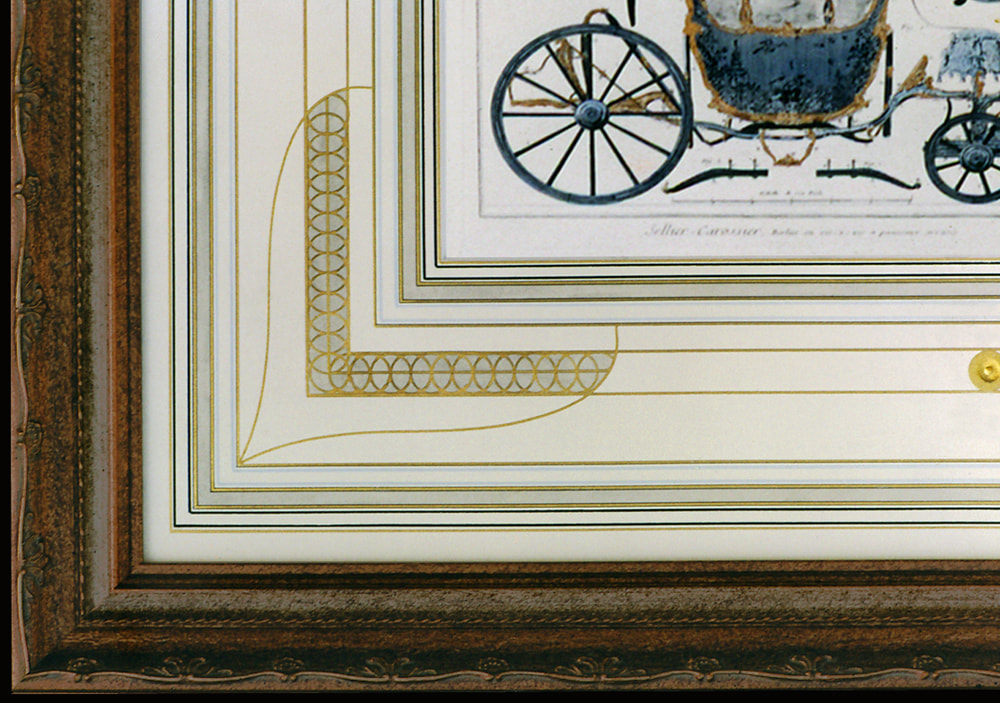 Hand Colored Engraving, Carriage Design, 18th Century Carriage Design,Antique Prints,Classical Art,Classical Design,Classical Interiors,French Mats, French Mats by Gregory Arnett,Gold Ink,Metallic Ink,Embossing,Circles,Watercolor