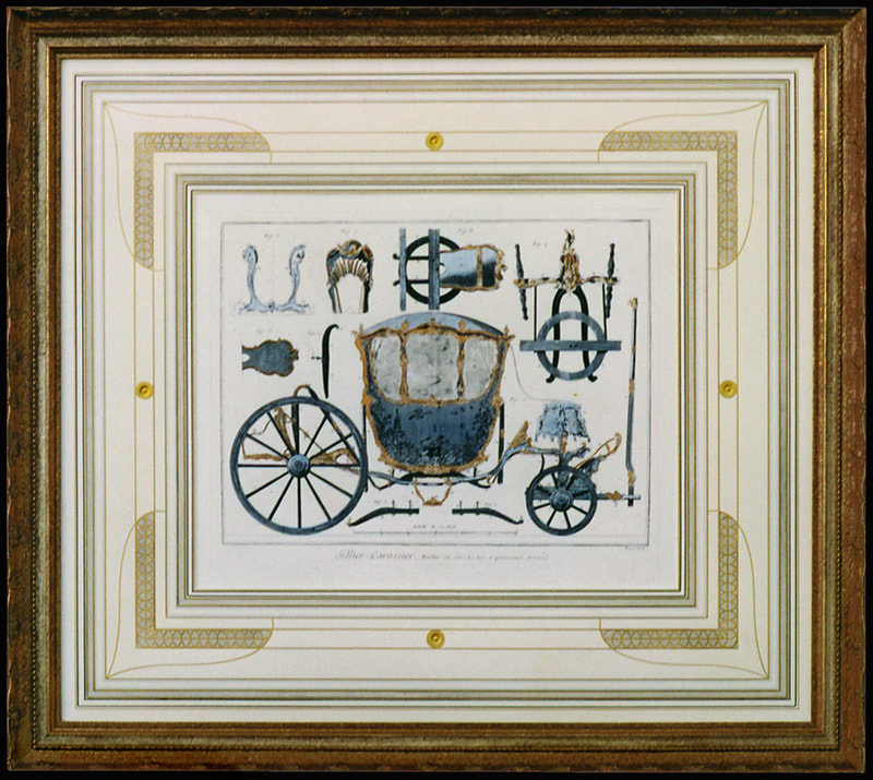 Hand Colored Engraving, Carriage Design, 18th Century Carriage Design,Antique Prints,Classical Art,Classical Design,Classical Interiors,modern classic picture framing,modern classic design,modern classic decor,French Mats, French Mats by Gregory Arnett,Gold Ink,Metallic Ink,Embossing,Circles,Watercolor,Maximalism, Maximalist Decor, Maximalist Design,Maximalist Interiors,Lux Decor